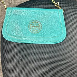 Tory Burch Amanda Logo Teal Green Pebbled Leather Clutch/Shoulder Bag